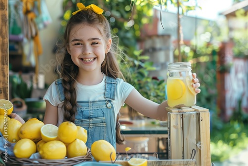 A happy girl of 12s selling lemonade in a hand-made stand in the garden in front of his house photo