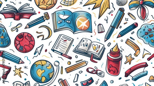 A creative and fun concept for a school background featuring a seamless pattern made up of various educational doodles