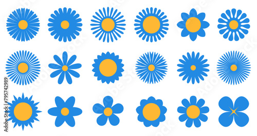A cheerful assortment of blue flower silhouettes with golden yellow centers, each varying in petal shape and design, set against a clean white background.