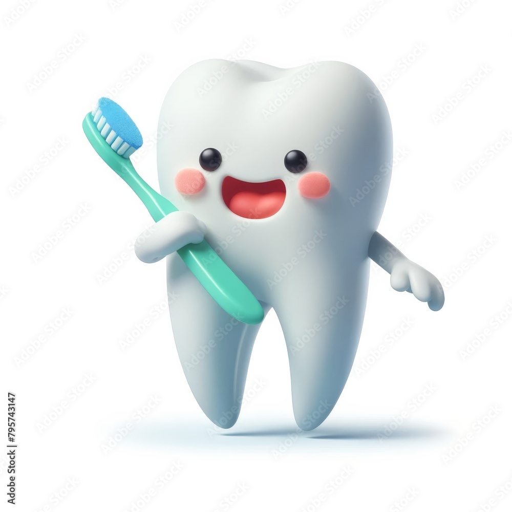 3D character of a happy smiling tooth holding a toothbrush isolated on ...