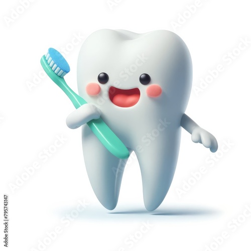 3D character of a happy smiling tooth holding a toothbrush isolated on white background