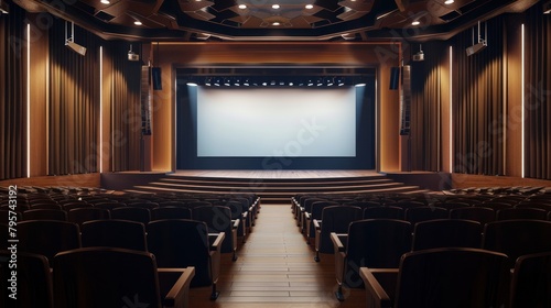 A wide, empty auditorium in a conference hall featuring a stage and a blank canvas, ready for events and presentations