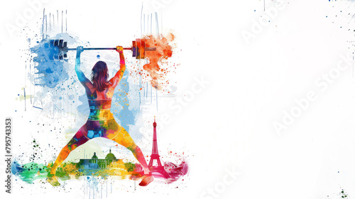 Colorful illustration of weightlifter athlete at olympic by eiffel tower
