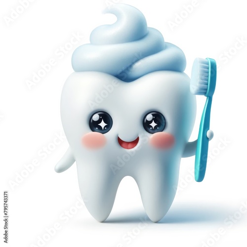 A cute and happy tooth mascot holding a toothbrush and toothpaste on top its self isolated on white background