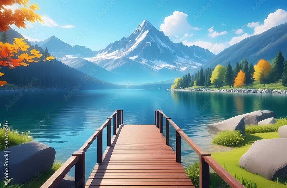 lakeside walkway with beautiful mountain scenery in the background 