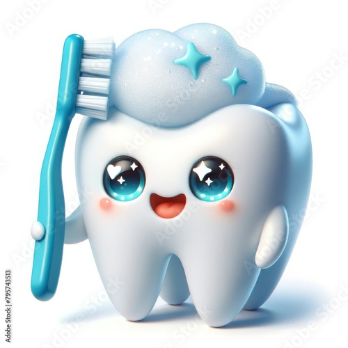 A cute 3D cartoon tooth mascot holding a toothbrush and smiling isolated on white background © BussarinK