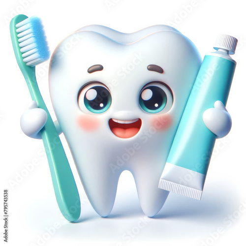 A cute 3D cartoon tooth mascot holding a toothbrush and toothpaste, with big eyes and a happy smile isolated on white background © BussarinK