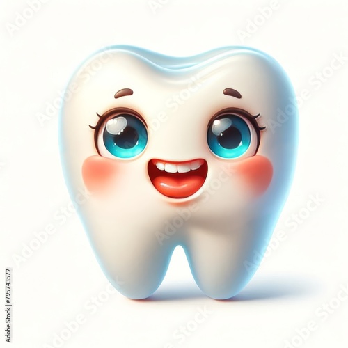 A cute 3D cartoon tooth mascot with big eyes and a happy smile isolated on white background