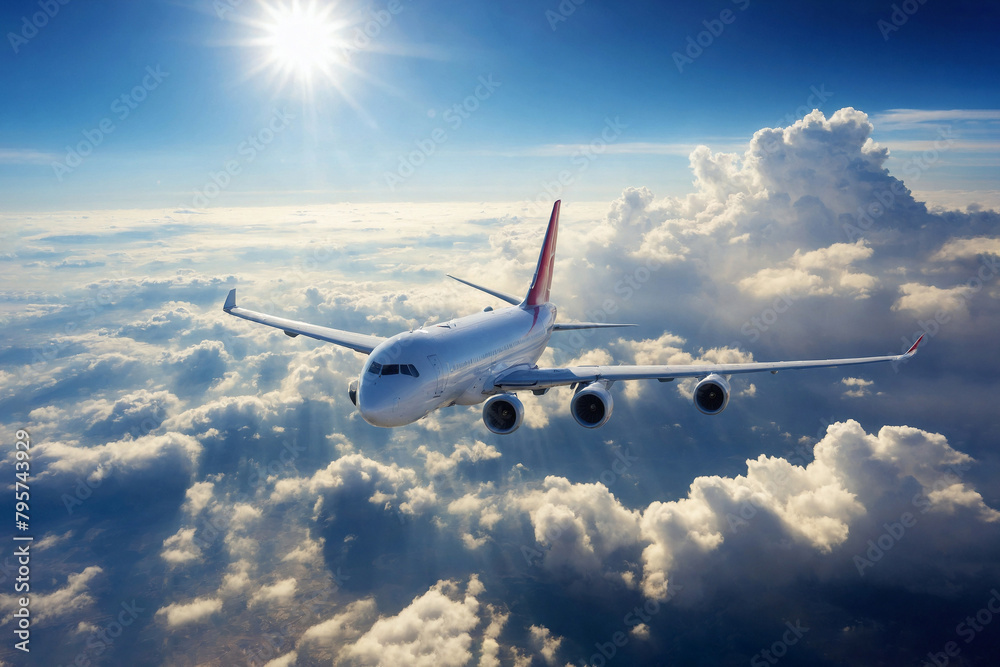 A passenger plane takes off and gains altitude .Cumulus clouds. The sun. A passenger plane takes off and gains altitude .Cumulus clouds. The sun.