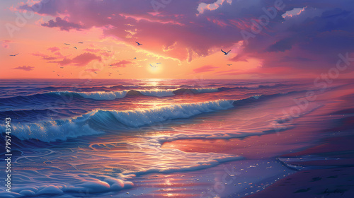 The painting captures a serene beach scene at sunset, with waves and seagulls soaring in the colorful sky, showcasing the beauty of the coastal landscape. photo