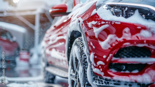 Sporty Red SUV Getting a Refreshing Foam Wash