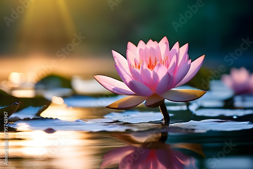 A pink water lily floats on a pond  surrounded by lilypads. The sun shines through the petals  casting a warm glow on the scene.