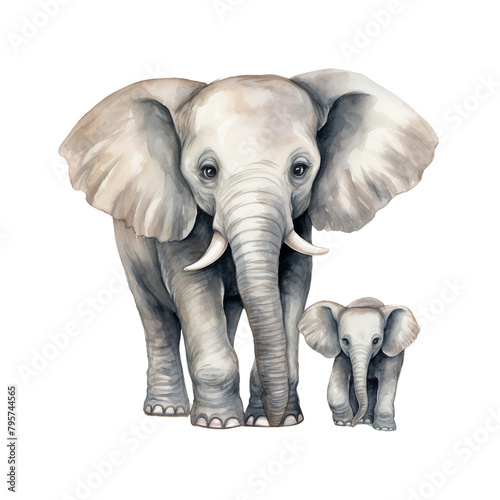 A tender depiction of a mother elephant with her adorable calf, rendered in watercolor with a playful splash of colors.