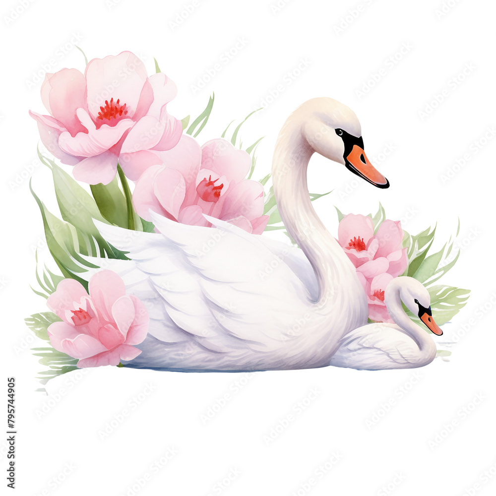 Fototapeta premium A serene watercolor painting capturing two elegant swans amidst blooming pink flowers, reflecting grace and tranquility.