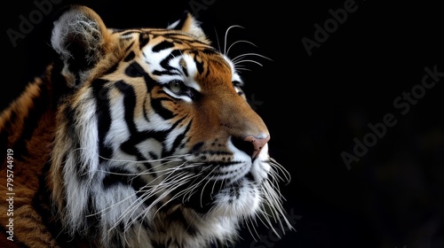  A tight shot of a tiger's face against a pitch-black backdrop, its head softly obscured by a hazy overlay
