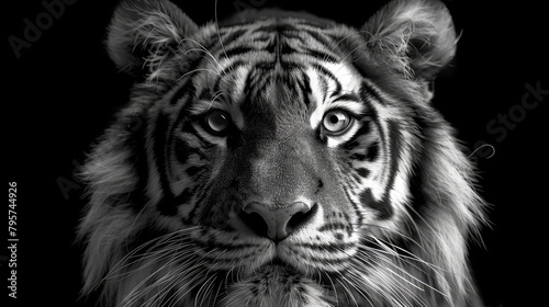   A black-and-white image of a tiger s focused yet slightly blurred face