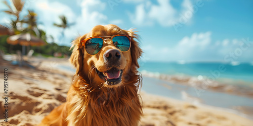 Golden retriever dog relaxing on a summer beach in Hawaii seaside resort