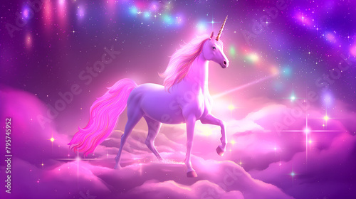 Majestic unicorn posing on a pink  background. 3d rendering