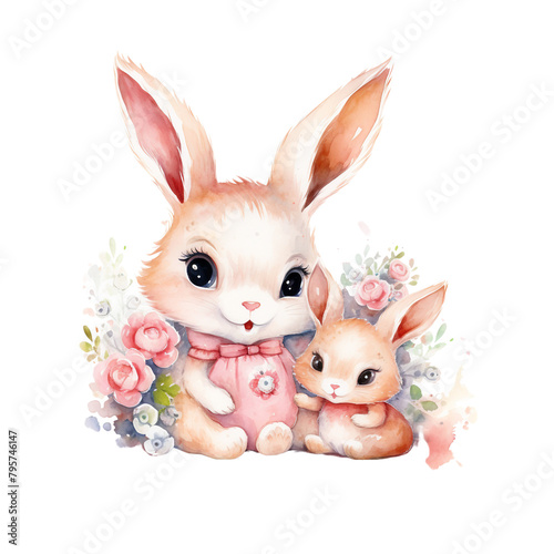 A charming watercolor illustration showcasing a mother rabbit and her young nestled amongst vibrant spring flowers.