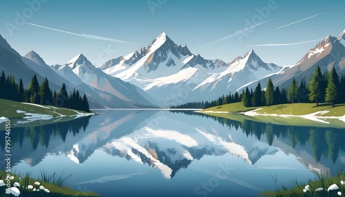 Nestled amidst a wintry wonderland  a serene lake reflects the towering peaks dressed in glistening white  creating a stunning contrast against the crisp blue sky.