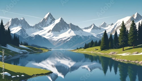 In this picturesque setting, a tranquil lake rests at the base of rugged snow-covered mountains, their peaks kissed by wisps of clouds against a backdrop of pure wilderness. photo