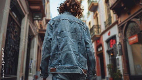 Casual streetwear outfit featuring biodegradable denim with the 'Eco-friendly' tag creatively displayed on the back pocket, worn by a model in an urban setting