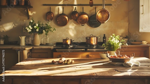 A rustic kitchen setting with a wooden farmhouse table, antique copper pots hanging, and warm, soft lighting photo