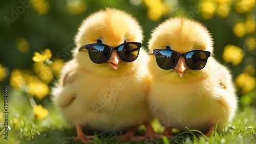 "Two adorable yellow chicks wearing stylish sunglasses, basking in the warm sunlight of a bright sunny day. The chicks are fluffy and cheerful, with vibrant feathers reflecting the sunlight. The backg © Waqasiii_Arts 