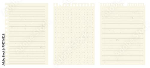 Paper sheets from a notepad. Set of realistic pages with texture. Collection of sheets with lines and cells.