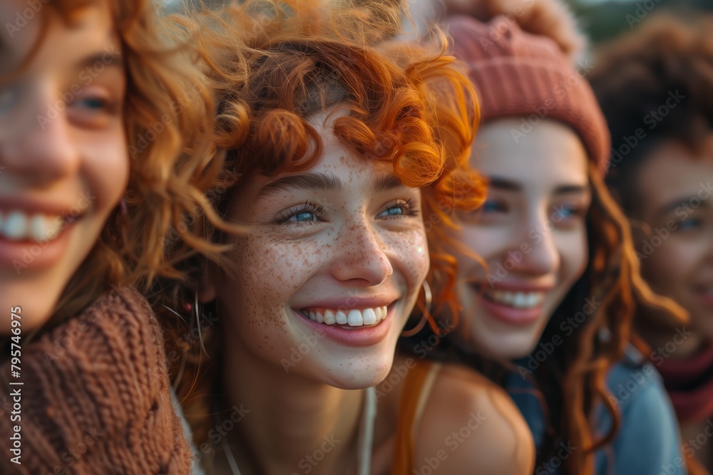 Redheaded girl smiling among friends Redheaded girl smiling among friends