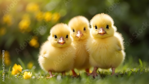 "Two adorable yellow chicks wearing stylish sunglasses, basking in the warm sunlight of a bright sunny day. The chicks are fluffy and cheerful, with vibrant feathers reflecting the sunlight. The backg