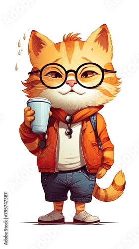 Illustration of ginger cat in clothes with plastic cup of coffee
