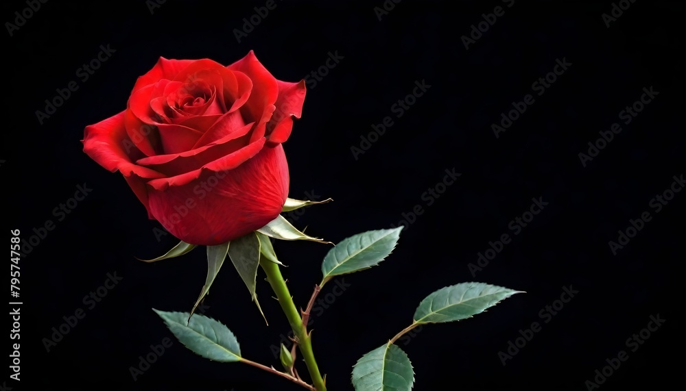 Fototapeta premium Single deep scarlet red rose macro close-up on dark black background