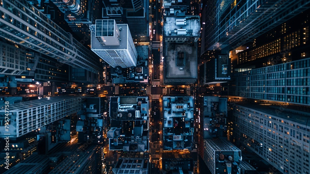 Overhead view of a quiet financial district, the streets shadowed with sparse spots of light, showing the economic slowdown