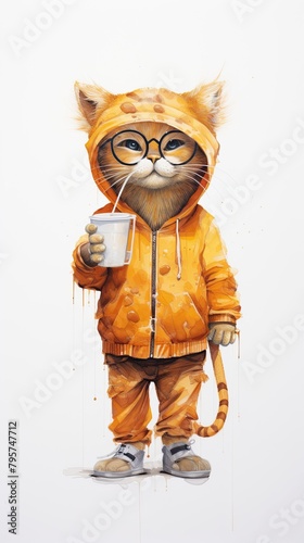 Fashionable cat in jacket with plastic coffee cup