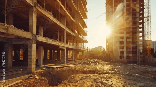 Sunlight casting over an abandoned construction site, the unfinished buildings shadowed, showing halted progress and investment photo