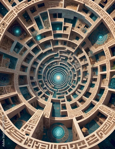 Architectural design forming a circular maze like pattern with detailed carvings and decorations  and glowing turquoise elements illuminate parts of the structure  Generative AI.
