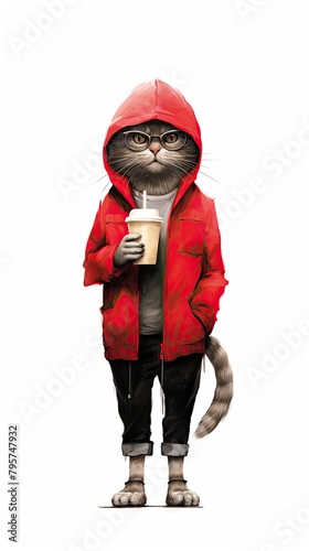 Fashionable cat in red jacket with plastic cup with coffee