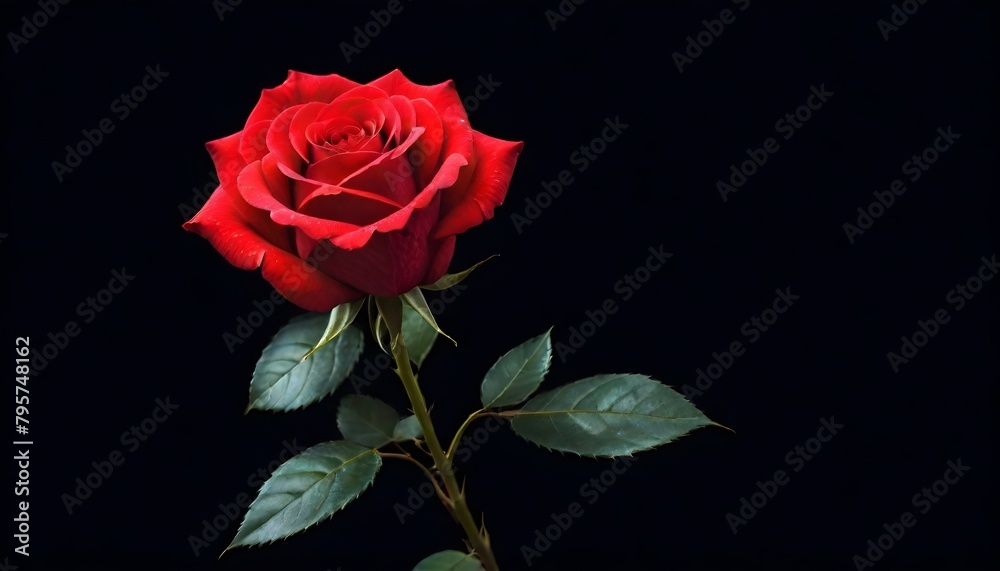 Naklejka premium Single deep scarlet red rose macro close-up on dark black background