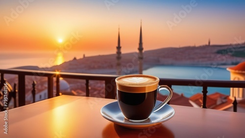 Traditional Turkish coffee on a balcony with a beautiful Turkish Mediterranean city in the background, a cup of coffee or tea on a blurred background of an evening Turkish seascape