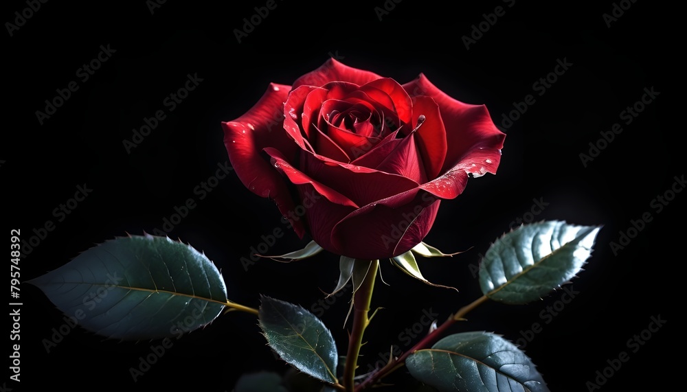 Single deep scarlet red rose macro close-up on dark black background Single deep scarlet red rose macro close-up on dark black background