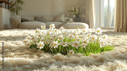   White flowers dot a lush green field, their crowns resting atop an immaculate white carpet of grass photo