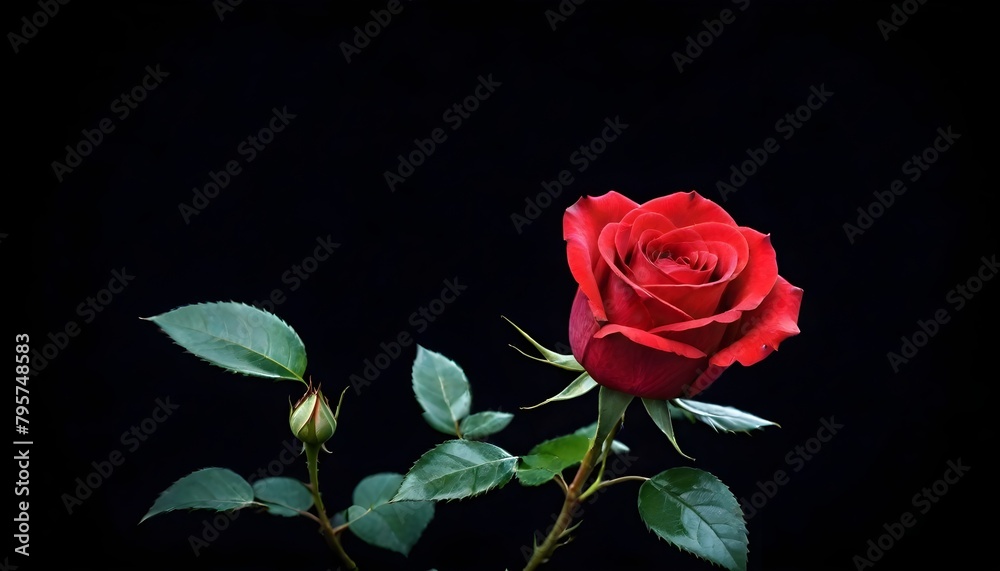 Naklejka premium Single deep scarlet red rose macro close-up on dark black background