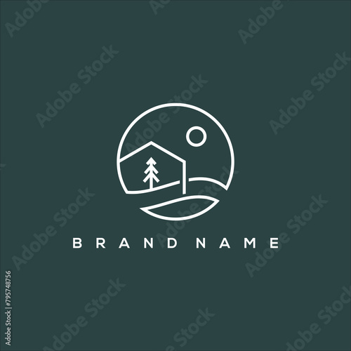 line art river house and pine tree in circle sun logo vector