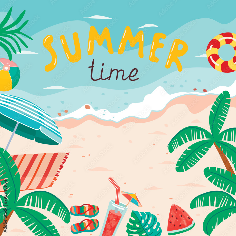 Naklejka premium Summer time poster with sea beach.Colorful background with sandy shore, palm trees, watermelon, flip-flops, cocktail, beach ball, sun umbrella, blanket.Vector design for use in card, banner template. 