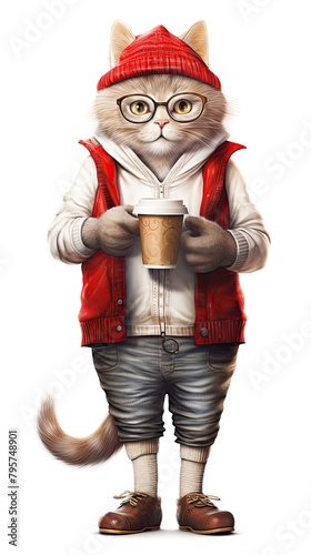 Fashionable cat in red jacket with plastic cup with coffee