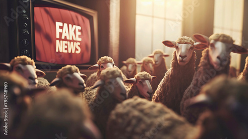 Flock of sheep in home interior watching TV with fake news. Television propaganda and control, hoax manipulation and misleading, spread of lies, censorship of truth