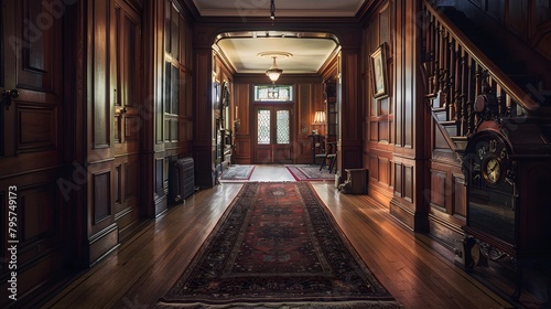 A traditional hall with wood paneling  a grandfather clock  and a vintage rug running the length of the corridor