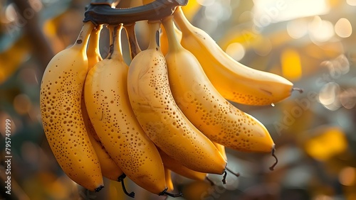 Bananas hang on tree for National Banana Day campaign visuals. Concept Food Photography, National Banana Day, Fun Props, Fruit-themed Shoot, Creative Campaign photo