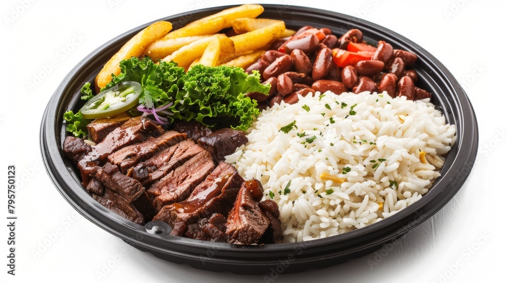 Fast food of Brazilian cuisine. round lunch box, with rice, beans, steak, French fries, on a white background. Fast food of Brazilian cuisine. round lunch box, with rice, beans, steak, French fries, on a white background.